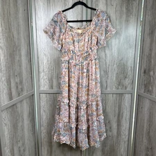 Love The Label Dress Sz XS Tiered Midi Short Sleeves Floral Anthropologie