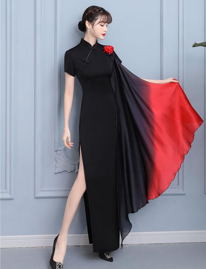 Elegante Vestido de Noche Cuello Mandarín Manga Corta Flores Gradiente Color