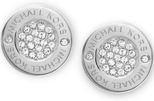 Image of MICHAEL KORS SILVER TONE SHINY PLAQUE CRYSTALS PAVE ROUND STUD EARRINGS MKJ3352