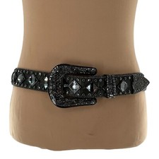 Nocona Grey Charcoal Leather Bling Gunmetal Studded Crystals Belt 31-38" RARE