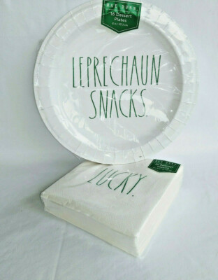 Rae Dunn Lucky Napkins 1 pkg & Leprechaun Plates 1 Pkg (56 pieces) NEW White