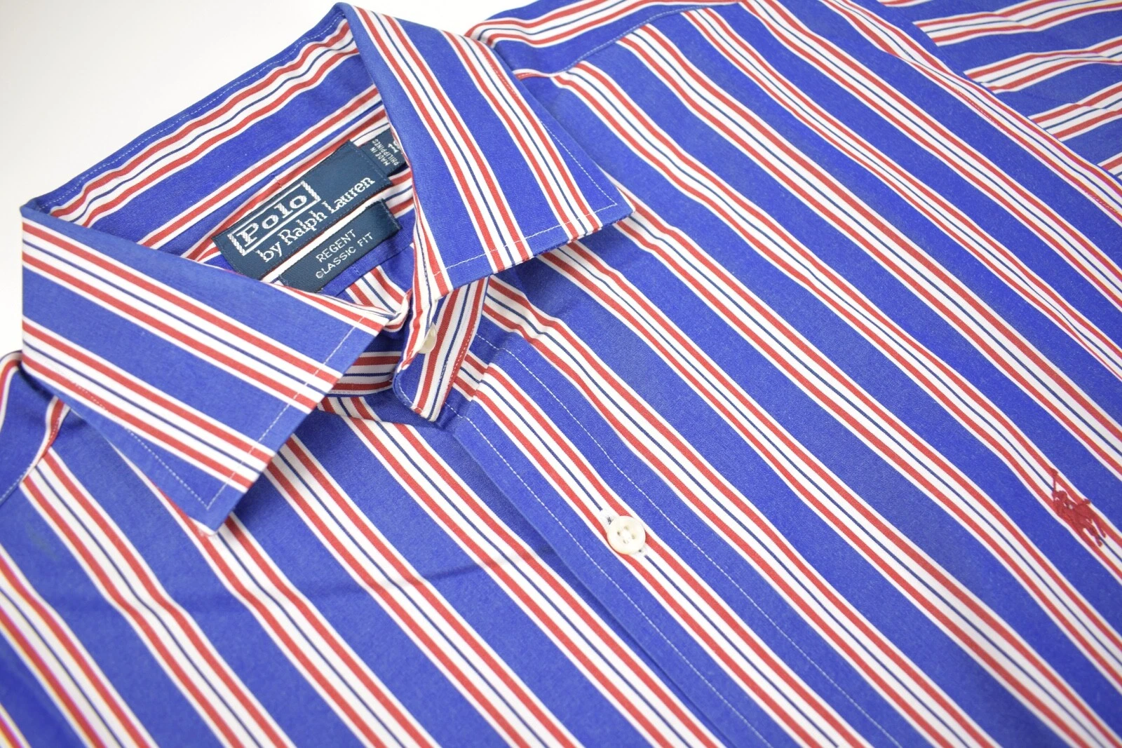 Polo Ralph Lauren Blue w/ Red/White Striped Spread Collar Dress Shirt Sz: Large