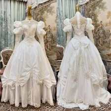 Victorian Wedding Dresses with Bow Long Puff Sleeve High Neck A Line Bridal Gown