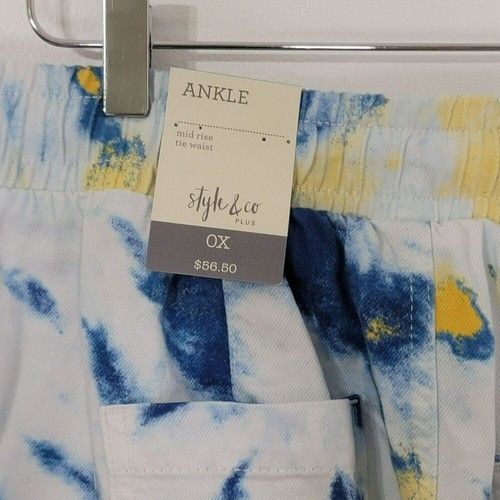 Style & Co Joggers 0X Blue Yellow Tie Dye Drawstring Mid Waist Lounge Boho Art - Picture 4 of 7