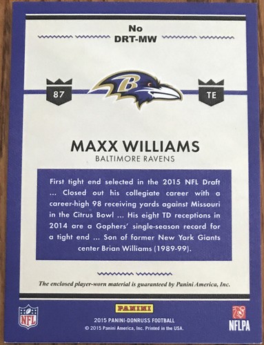 2015 Donruss Rookie Threads Max Williams DRT-MW Baltimore Ravens - Picture 2 of 2