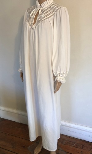 vtg 80s Gilligan OMalley High Neck Long Night Gown M Lace Trim Ivory Flannel USA - Picture 10 of 21