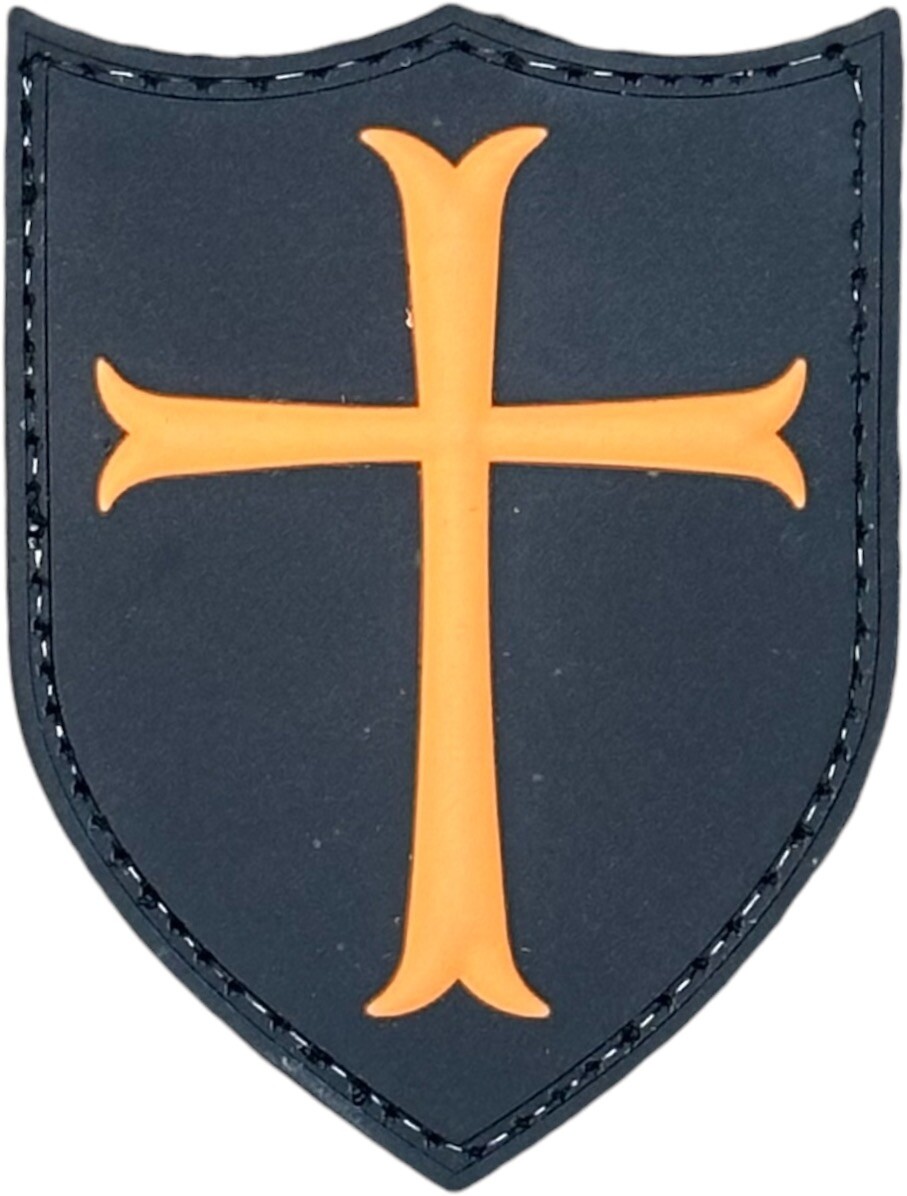 MINI KNIGHTS TEMPLAR CRUSADER 3D CROSS SHIELD BLACK ORANGE PVC RUBBER HOOK PATCH-image