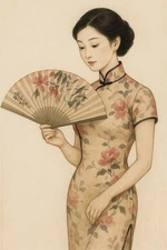 Old Shanghai Morden Girl  Floral And Calligraphy Folding Fan, with silk cover