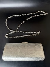 Silver Faux Croc-Embossed Rectangular Clutch With Silver Chain Attachment Formal