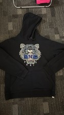 KENZO Men s L Black Pullover Hoodie Cotton Embroidered Tiger Logo Pockets