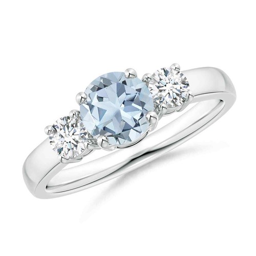 925 Sterling Silver Round Aquamarine Stone Wife Three-stone Unique Ring