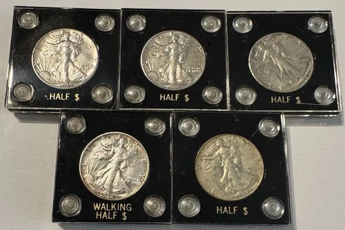 US Coins Silver, Lot Of 5, Liberty Walking Half Dollars, ‘39,’40,’40,’46,’46, VG