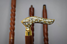 Floral Gold Line Walking Stick Brass Handle Spiral Wooden Cane Personalized Gift