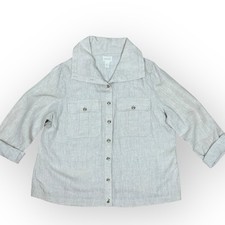 Chico's 100 Linen Utility Jacket Beige Gold Size 2 Roll Sleeve Pockets