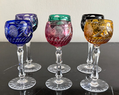 Vintage Bohemian Cut to Clear Crystal Multicolor Cordial Glasses - Set of 6