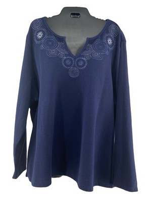 Essentials Womens Sz 26/28W Knit Tunic Embroidered Navy Long Sleeve Pullover Top
