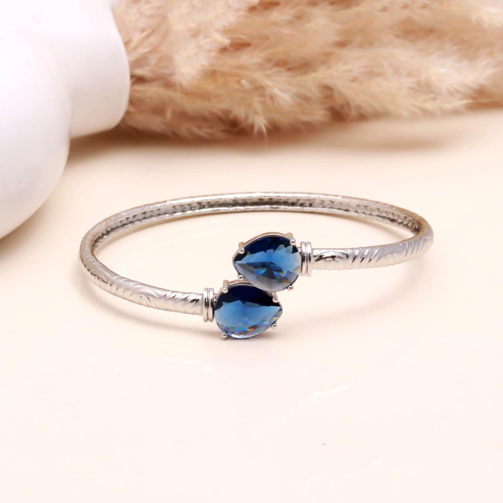 Blue Sapphire Open Cuff Bracelet, Sterling Silver Adjustable Gemstone jewelry