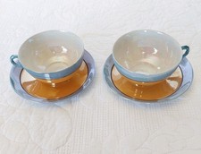 2 Vtg Japanese Style Hand Painted Blue  Peach Iridescent Lusterware Tea Cups