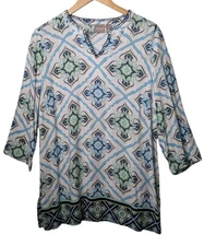 Chicos 1 Floral Tunic Blouse Medium Stitched Neckline Floral Hem