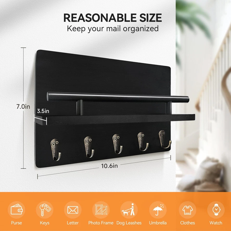 KISENG Key Holder Wall Mount Decorative Key Rack with Shelf & 5 Sturdy Hooks ... - Image 2 of 4