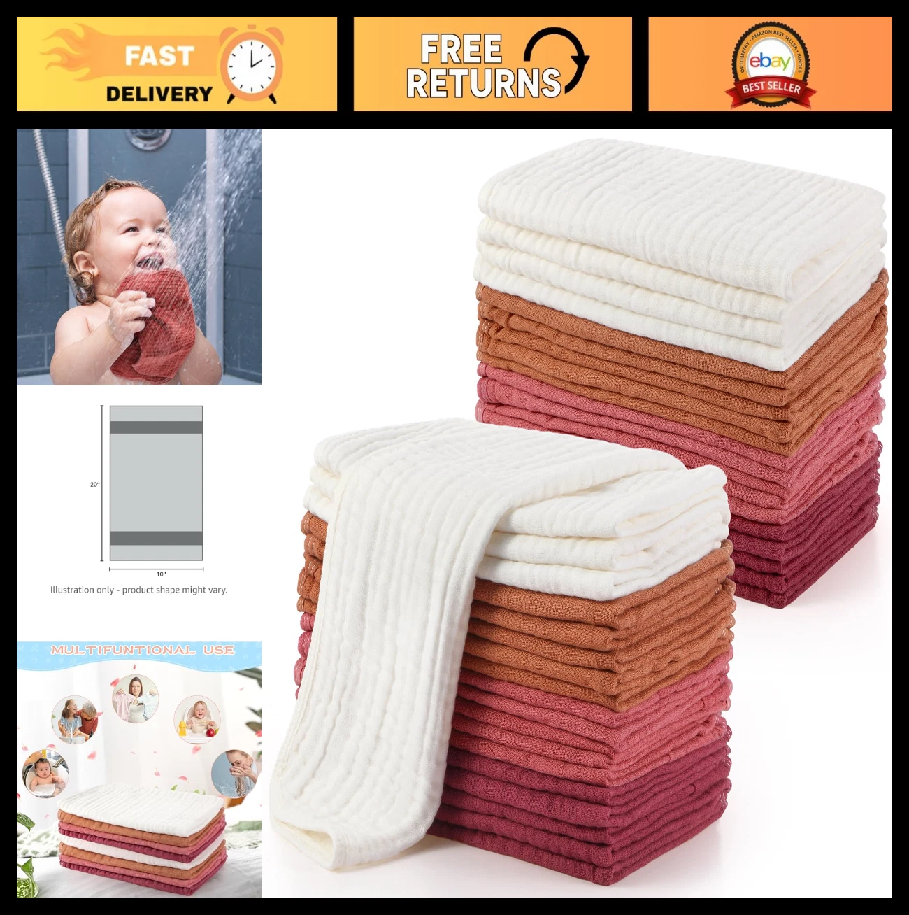 20 Pcs Large 20"x10" Muslin Burp Cloths - Ultra Absorbent 100% Cotton, Soft & Ge