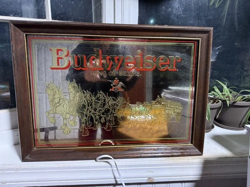 VTG Budweiser Kings of Beers Mirror Framed Sign 20.5"X15” Clydesdales Bar Decor