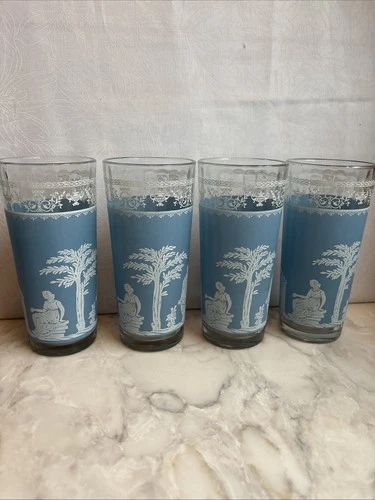 Set of 4 Vintage Wedgwood Jasperware Jeanette Blue Hellenic Drinking Glasses