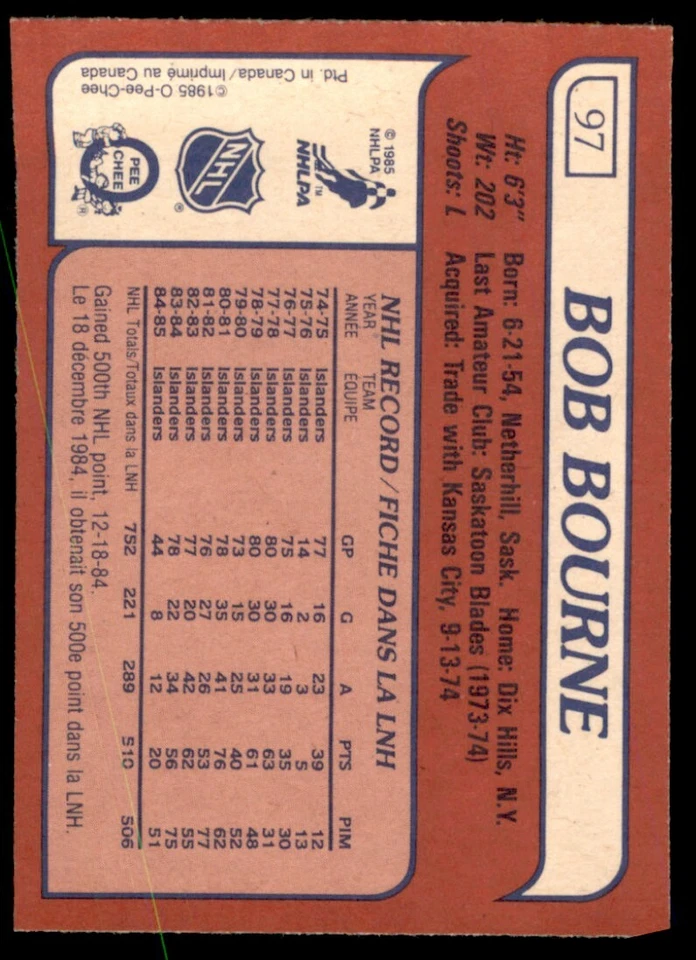 1985-86 O-Pee-Chee High Grade Bob Bourne #97 - Image 2 of 2