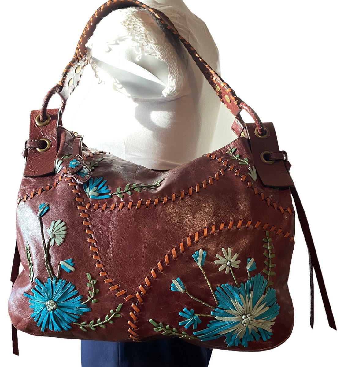 Isabella Fiore Rare Brown Leather Floral Shoulder Bag Blue Flowers Tassels  Laced