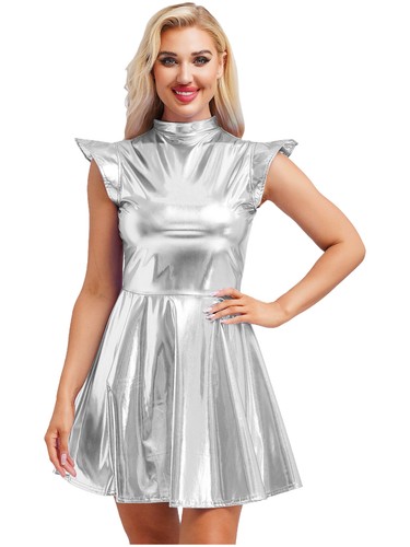 Women Dress Bodycon Costume Holographic Skirts Theme Party Metallic Club Wear - Picture 57 of 116