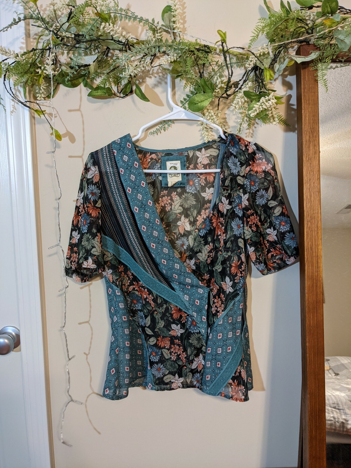 Anthropologie Tiny Teal Floral Patchwork Sheer Top - image 1