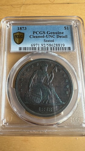 1873 $1 Seated Liberty SILVER DOLLAR Genuine - UNC Details (Cleaned) PCGS Toned - Picture 4 of 8