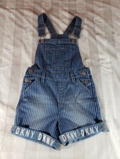 DKNY Girls Blue  White Striped Logo Overall Shorts Shortalls Size 7 LN