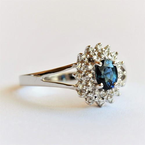 Natural Sapphire and 28 Diamonds in 9K White Gold Ring Size Q Gift Boxed NEW - Picture 4 of 13