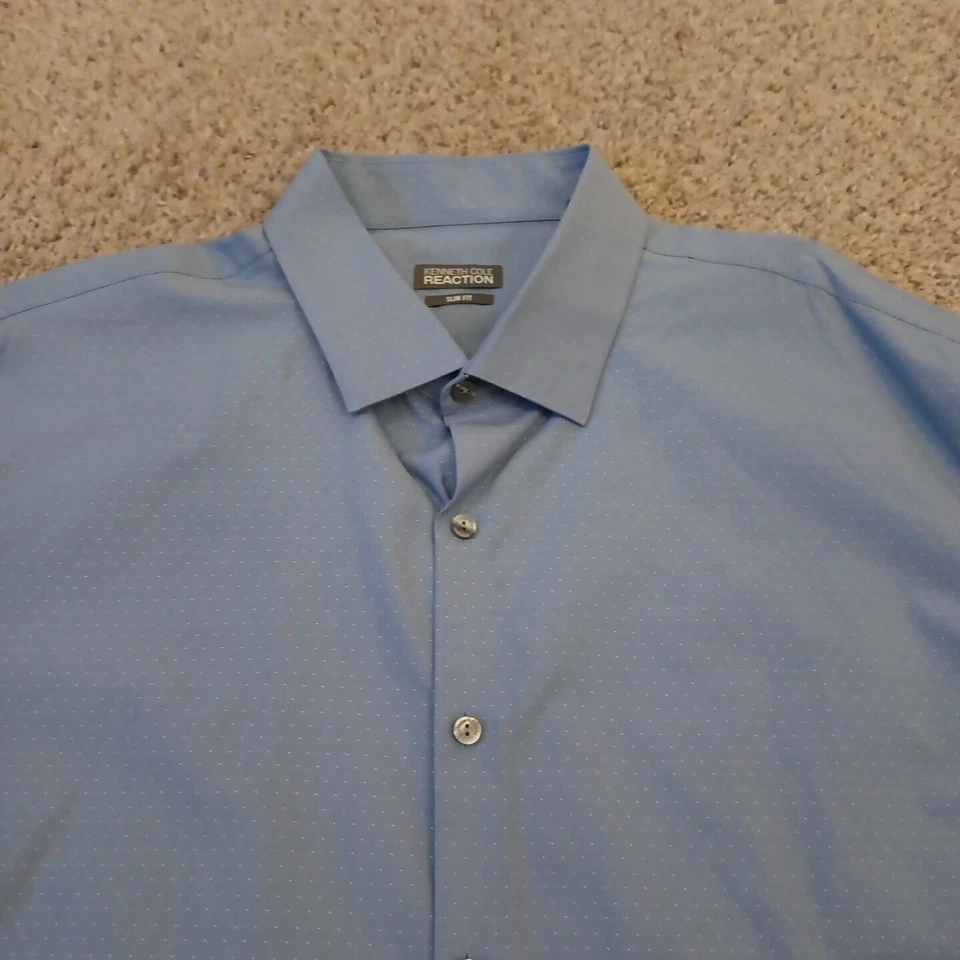 Camisa Kenneth Cole Reaction Para Hombres 18 Delgada Azul Lunares Manga Larga Abotonada Foto 3 de 4