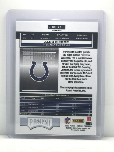 2022 Panini Honors Signature Prizm #77 Alec Pierce Dallas Cowboys NFL RC 15/25 - Picture 6 of 6