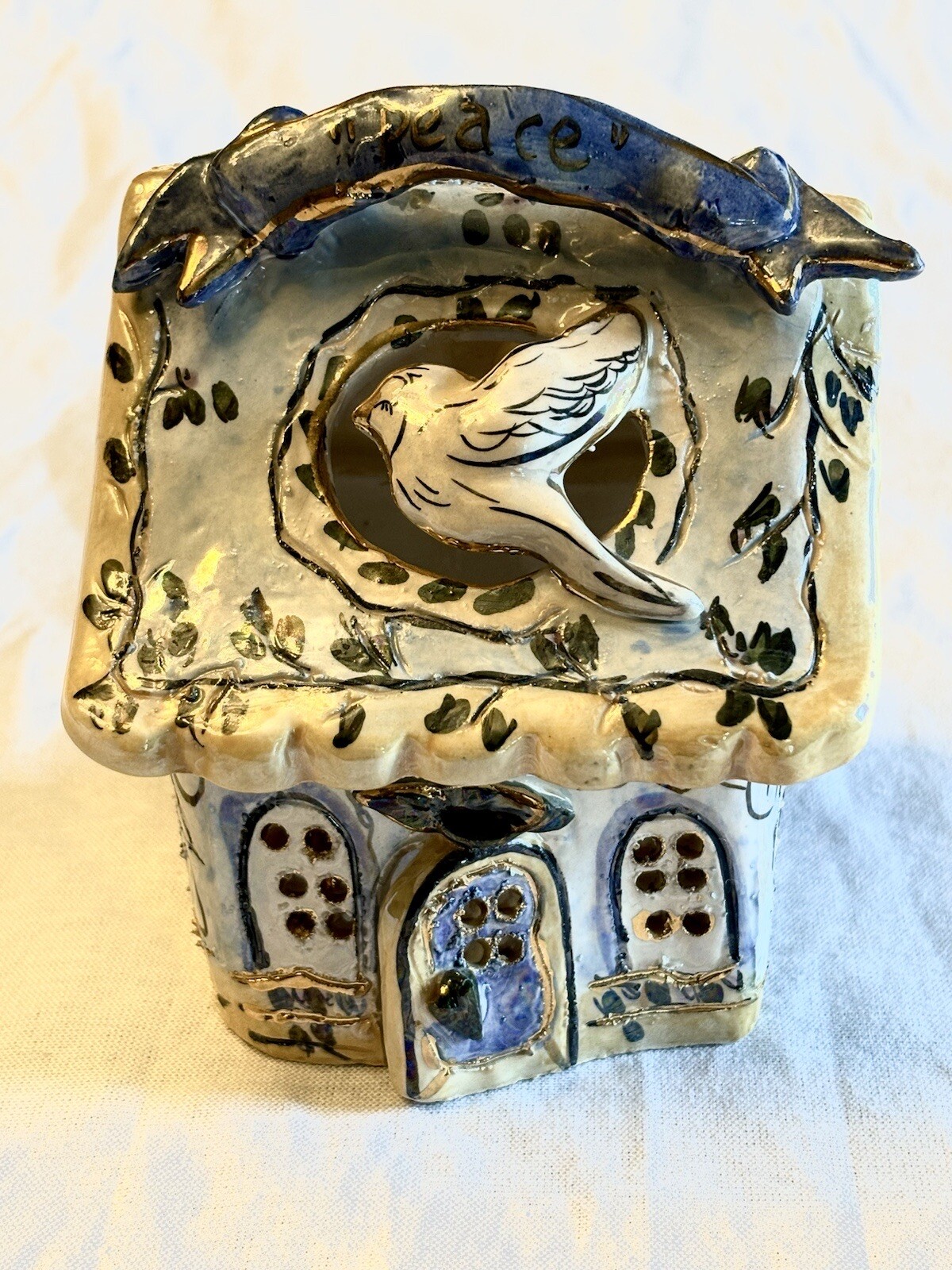 Blue Sky Clayworks 2002 Peace Candle Tea Light Holder House Ceramic Signed