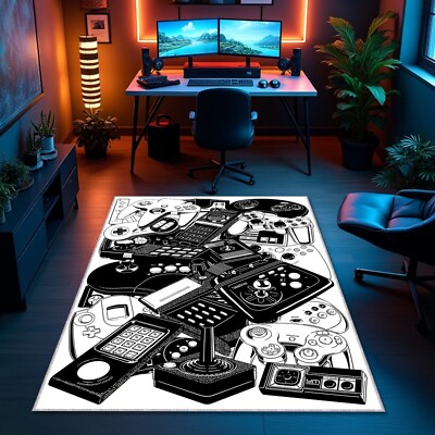 90s Nostalgic Game Controller Rug Retro Style Black and White Gaming Room Carpet