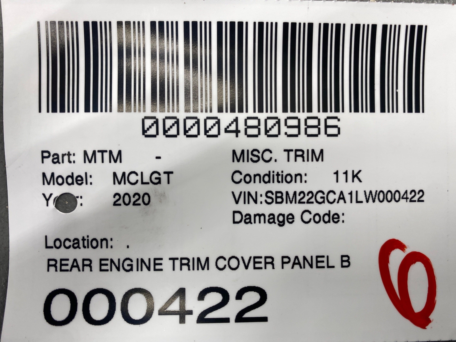 2020-2023 MCLAREN GT REAR ENGINE TRIM COVER PANEL BAROLO RED 22NB339GP OEM 2021