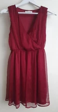 GLAMOUROUS Red Fit & Flare Wrap Mini Dress V Neck Maroon Lined Chiffon UK10 EU38