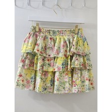 LoveShackFancy Yellow Floral Cotton Silk Tiered Ruffle Mini Skirt Size S