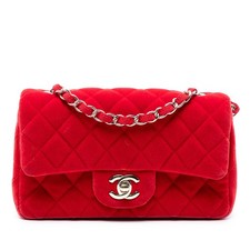Authenticated Chanel Mini Rectangular Classic Velvet Single Flap Red Fabric