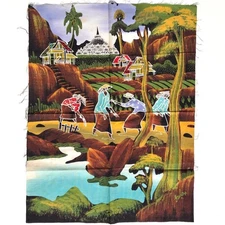 vintage Asian Batik Art Panel Village Scene Rice Farmers Java Indonesia AS IS