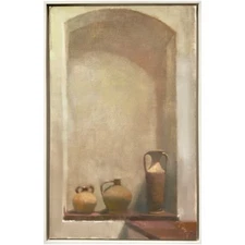 Vintage Modernist Interior Still Life with Terracotta Vessels, Signed