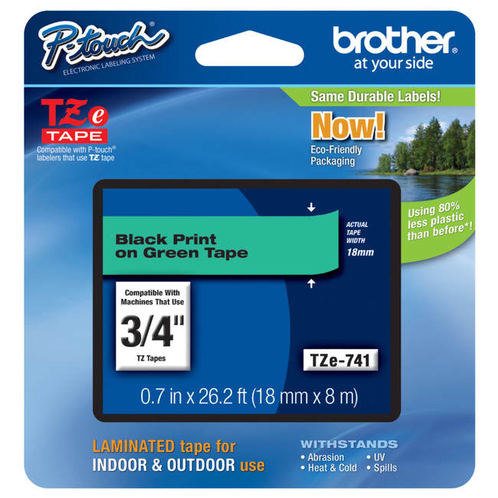 Original Brother TZe-741 Black on Green 18mm P-Touch Labelling Tape