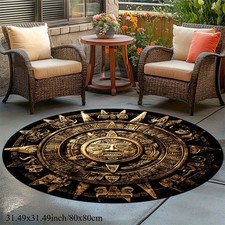1pc Aztec Sun Calendar Round Area Mat - Intricate Golden Symbols  Patterns on B