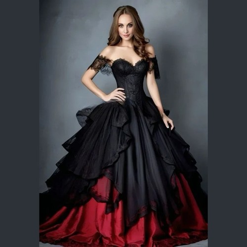 Gothic Vampire Black/Red prom dress Off-Shoulder Ball Gown Vintage evening gown