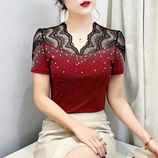 2026 Summer Women Tops New Korean Fashion Diamond Mesh T Shirt V-neck Short Slee