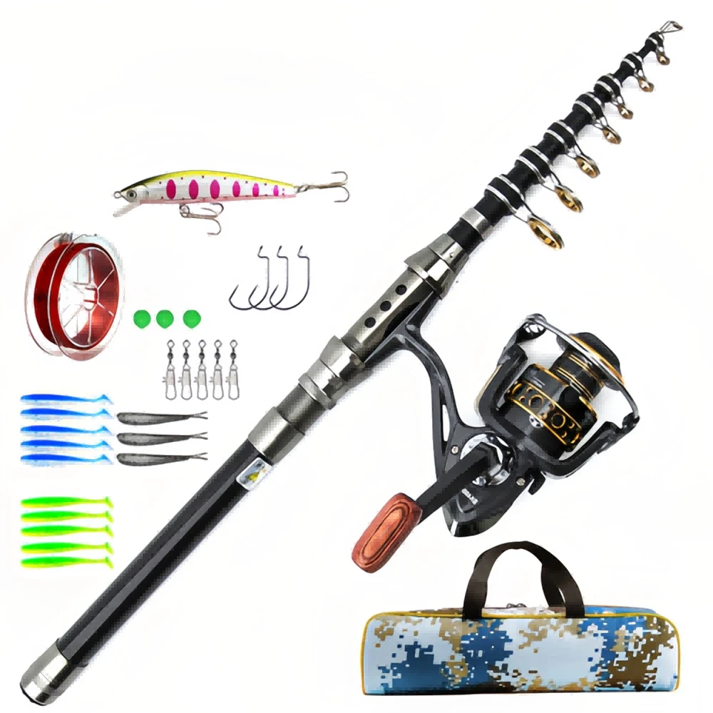 Carbon Fiber Telescopic Fishing Rod Pole Reel Bag Combo Sea Saltwater Freshwater