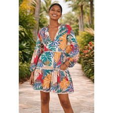 FARM Rio Tropical Parrot Leaf Print Tiered Mini Dress Size Small